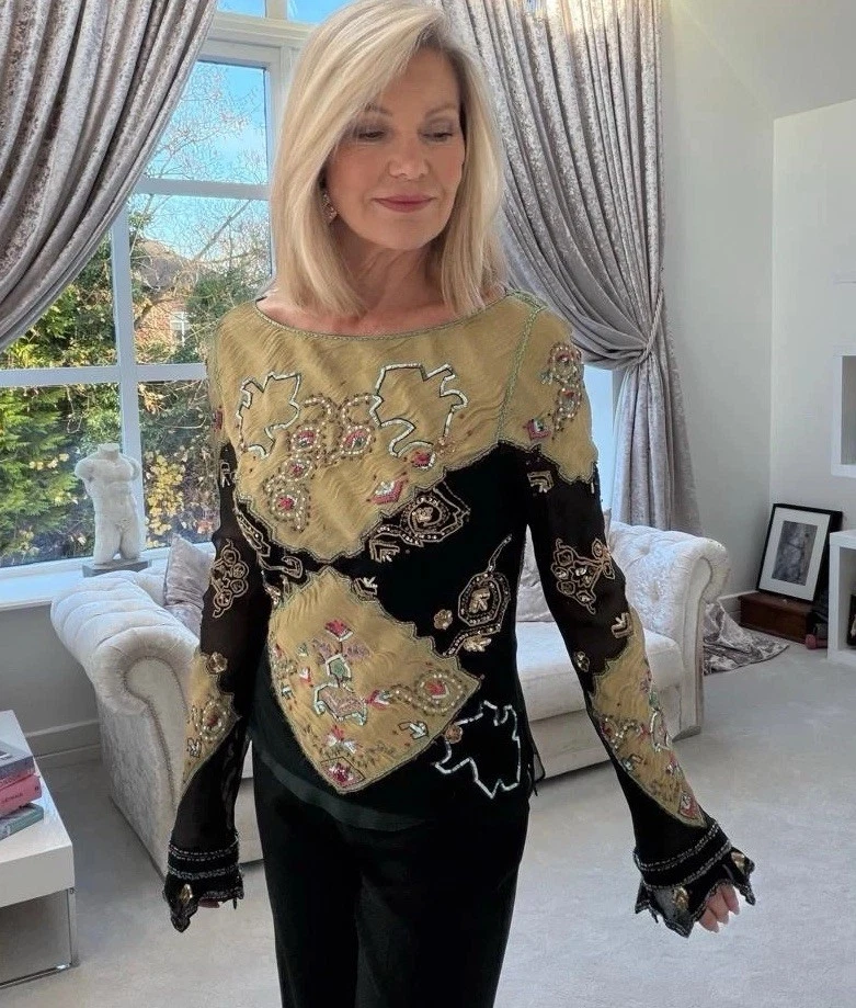 Top Etro Negro Verde Dorado Seda Cuentas Manga Larga It 46 Talla M Foto 1 de 4