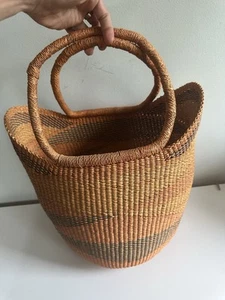 Authentic African Winged Basket HANDWOVEN Tote Bag Vintage Rust Stripe BEAUTY - Picture 1 of 11