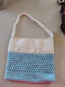 Handmade Purse Crochet Crossbody Baby Blue & White Sling Bag - Picture 1 of 3
