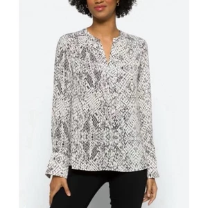 CALVIN KLEIN Women’s Gray White Snake print V-Neck Top Blouse Long Sleeve Size M - Picture 1 of 7