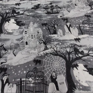 Halloween Grayscale Glitter Fabric 1 Yard Graveyard Haunted House Black Cat 2005 - Picture 1 of 4