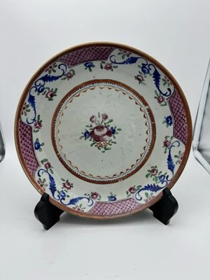"Plato rosa familiar de exportación china c.1820 - patrón rosa y azul de 10,5""" Foto 1 de 2