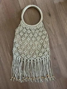 Borsa beige vintage 2K in corone intrecciato con frange fringed vtg cotton bag - Foto 1 di 7