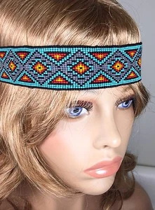 NATIVE STYLE HANDCRAFTED BEADED MULTI-COLOR STRETCHABLE HAIR BAND/HEADBAND Z54/5 - Picture 1 of 4