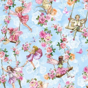 SPRING SONG FLOWER FAIRIES BY MICHAEL MILLER FAIRY GARDEN SWINGS BLUE FABRIC HY - Picture 1 of 5