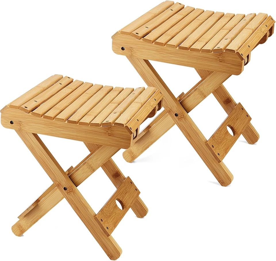 2 Pack 12 Inch Bamboo Folding Stool, Natural Shower Bench Toilet Stool - Image 1 of 4