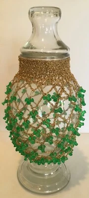 VTG MID CENT MCM LID GLASS APOTHECARY FOOTED GREEN BEADED BOTTLE GOLD WEAVE JAR - Image 1 of 4