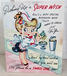 Vintage 1940's Birthday Ice Cream Puppy Parlour Poster Used Greeting Card EB8931 - Picture 1 of 9