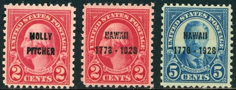 US 1928 Molly Pitcher, Hawaii 2c 5c Singles, Stamp 646 647 648 Mint MNH NH - JP2 Cover