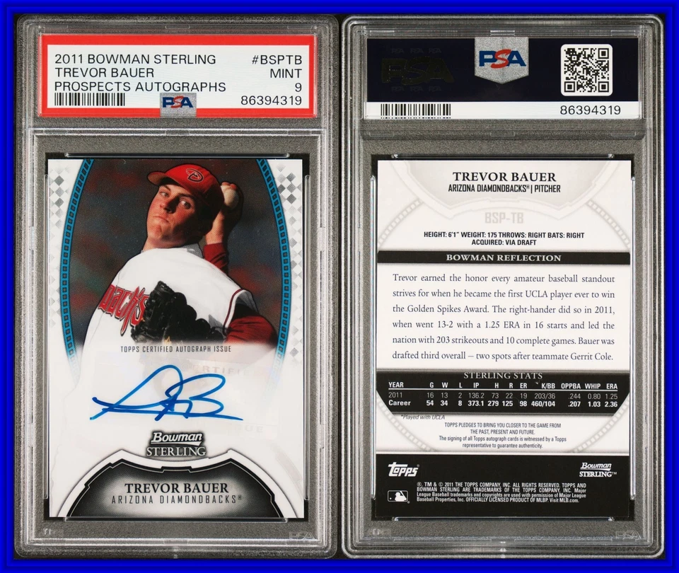 PSA 9 2011 Bowman Sterling Prospect Autograph Trevor Bauer RC Diamondbacks POP9 - Image 1 of 1