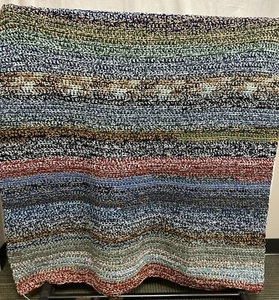 Yarn Buster Throw Blanket 48x62 Handmade NEW Red/Blue/Brown/Yellow Stripe - Picture 1 of 2