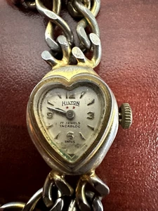 Women's Hilton Unique Heart Watch 17 Jewel Wind Up Champ Swiss Watch Co Running - Picture 1 of 7