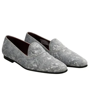 DOLCE & GABBANA DG Logo Baroque Velvet Shoes Loafer Moccasins Gray 44 US 11 - Picture 1 of 7