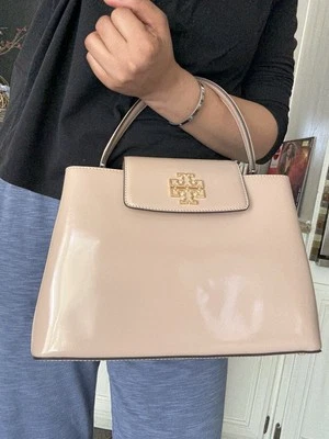 New Tory Burch BRITTEN PATENT SMALL SATCHEL DEVON SAND  - Image 1 of 4