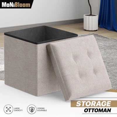 Beige Storage Fabric Ottoman Classic Cube Living Room Home Décor Footrest Stool - Image 1 of 4