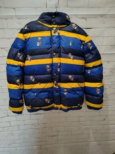RALPH LAUREN Hawthorne Polo Bear Stripe DOWN Hooded Coat Medium 10-12 BlueYellow - Picture 1 of 5