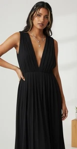 Vestido plisado panel transparente negro talla 8 Moda International de colección Y2K seda gótica graduación - Imagen 1 de 7