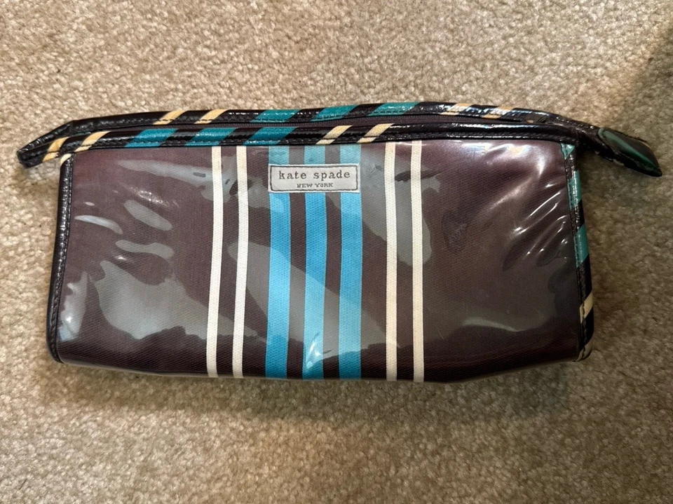 Kate Spade Cosmetic Bag Brown white and blue striped bag - Image 1 of 1
