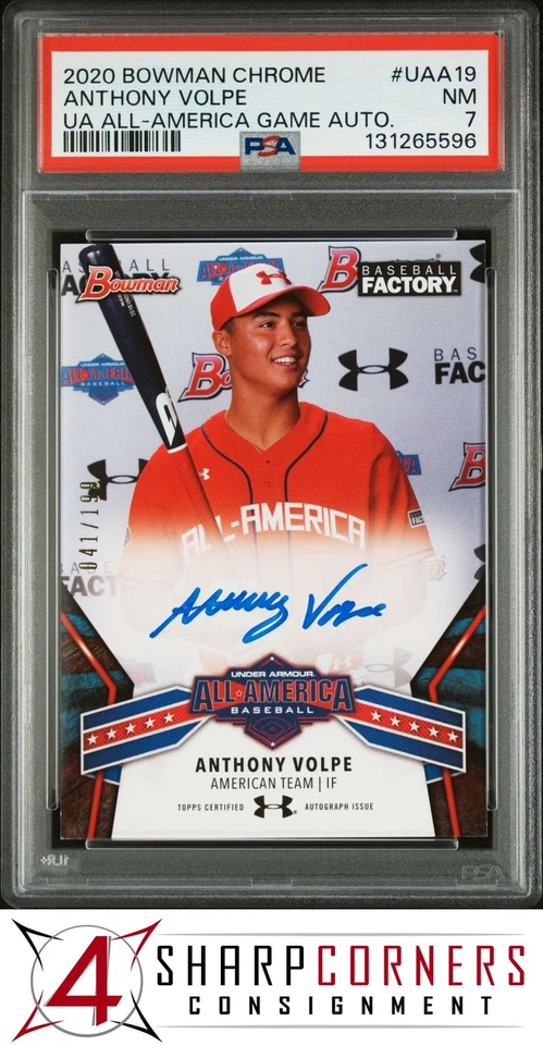 2020 BOWMAN CHROME UNDER ARMOUR GAME AUTO ANTHONY VOLPE RC #/199 POP 4 PSA 7 - Image 1 of 4