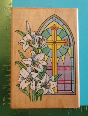 Rubber Stampede EASTER WINDOW Rubber Stamp Lily Flowers Cross Religious - Image 1 of 2