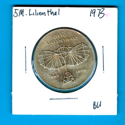 DDR-FANTASTIC HISTORIC SCARCE LILIENTHAL  125TH ANNIVERSARY 5 MARK, 1973, KM# 43 - Image 1 of 2