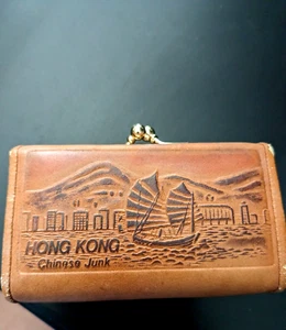 Vintage Embossed Brown Japanese Sail Boat Leather Hong Kong Coin Purse - Picture 1 of 9
