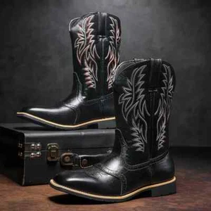 Mens Retro Western Cowboy Boots Embroidered Square Toe Mid Calf Boots sz 9.5 - Picture 1 of 6