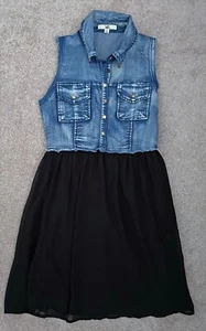 Ya Los Angeles Sleeveless Distressed Denim & Silk Drezz, Black Layered Bottom - Picture 1 of 4