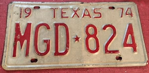 1974 Texas license plate MGD 824 auto plate RED letters pre-sticker year - Picture 1 of 1