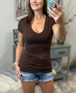 Very Sexy Low Cut V-Neck Cleavage Baby Slimming Basic Tee Shirt Brown 1X/2X/3X - Picture 1 of 5