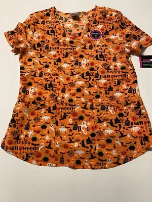 Scrub Star Happy Halloween Women V-neck Print Scrub Top Spook Large New - Image 1 of 4