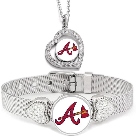 2PcSet Atlanta Braves Womens Sterling Silver Necklace With Bracelet Cover