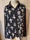 Envy Me Womens Size Large Button Up Collared Black Shirt w/ Skulls & Crosses