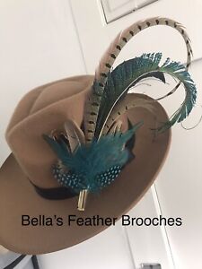 Pheasant , Guinea, Rooster & Peacock Sword Feather Hat Pin In Spent Brass Shell