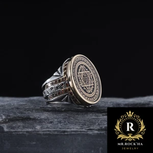 Solomon Seal Round Oval Case,Engraving Art Design,925 Sterling Silver Men's Ring - Picture 1 of 9