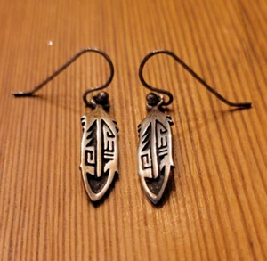 Lenora Begay Navajo Overlay Sterling Silver Feather Wire Hook Earrings Vintage - Picture 1 of 8