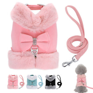 Soft Plush Dog Harness and Lead Set Bow tie Comfy Warm Cat Puppy Vest Jacket S-L