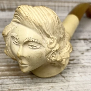 Vintage türkische Meershaumpfeife geschnitzt viktorianischer Frauenkopf mit Hornstiel 6,25 Zoll - Bild 1 von 11