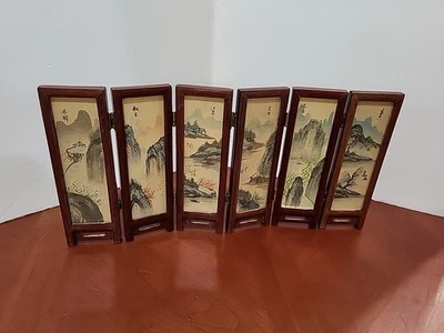 Vintage Hand Painted Mini Divider Shade Privacy Screen ~ Wood 6 Panel Vintage  - Image 1 of 4