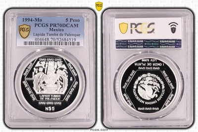 MEXICO SILVER 5 PESOS PROOF COIN 1994 YEAR KM#575 LAPIDA TUMBA PCGS PR70 TOP🥇 - Image 1 of 3