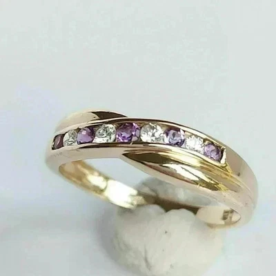 1.50 Round Cut Real Moissanite Amethyst Wedding Band Ring 14K Yellow Gold Plated - Image 1 of 4