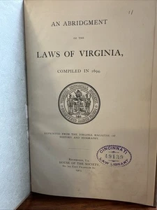 1903 Abridgment of Laws of Virginia 1694 Reprint Colonial Legal History Book - Picture 1 of 4
