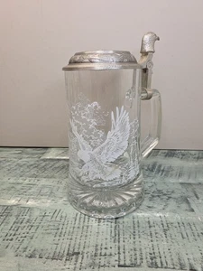 Bald Eagles Vintage Domex Etched Crystal Glass Beer Stein Mug Pewter Lid Wheat - Picture 1 of 11