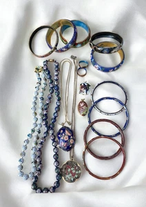 Vintage Antik Cloisonné Emaille GROSS 17 Teile gemischt Schmuck Konvolut Armreifen Halsketten - Bild 1 von 19