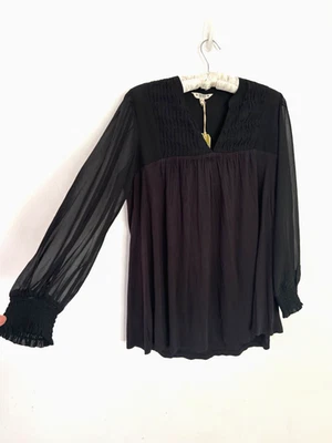 Fat Face Top Women's Kim Tunic Black Gathered V Neck Sheer Sleeves Size 14 BNWT - Image 1 of 4