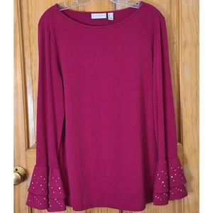 Susan Graver Shirt Women's Medium Magenta Liquid Knit Embellished Bell Sleeve - Picture 1 of 9
