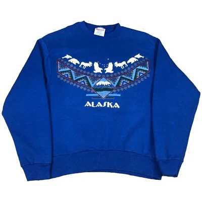 Sudadera Azul Vintage Años 90 Patrón Tribal Alaska Adulto Talla Pequeña Foto 1 de 4