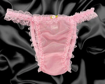 SATINI Slip trasparenti nylon frilly sissy raso rosa pizzo finiture mutandine taglia 10-20