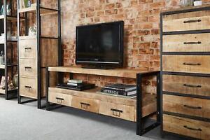 Industrial Large Plasma TV Stand Unit 3 Drawer Open Shelf Solid Wood Living Room