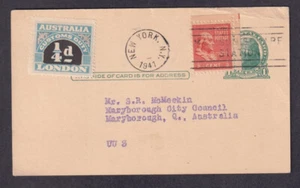 USA 1941 1c stationery card + ½c uprate to Australia + ¼d Customs Duty - Picture 1 of 2